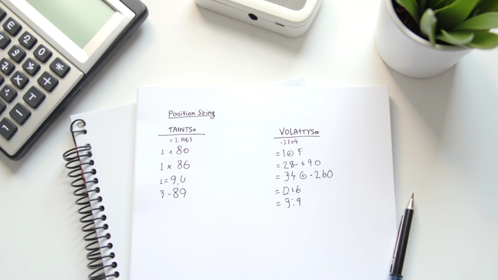 Notebook with position sizing calculations and volatility risk management notes spread on clean desk