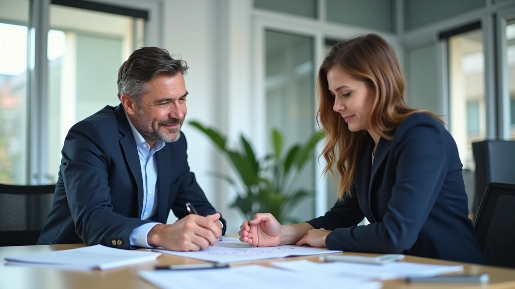 Experienced trader mentoring a newer trader in modern learning environment with charts and educational materials visible