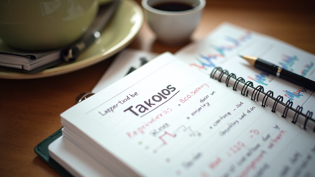 Trading journal with volatility charts and market analysis notes on desk