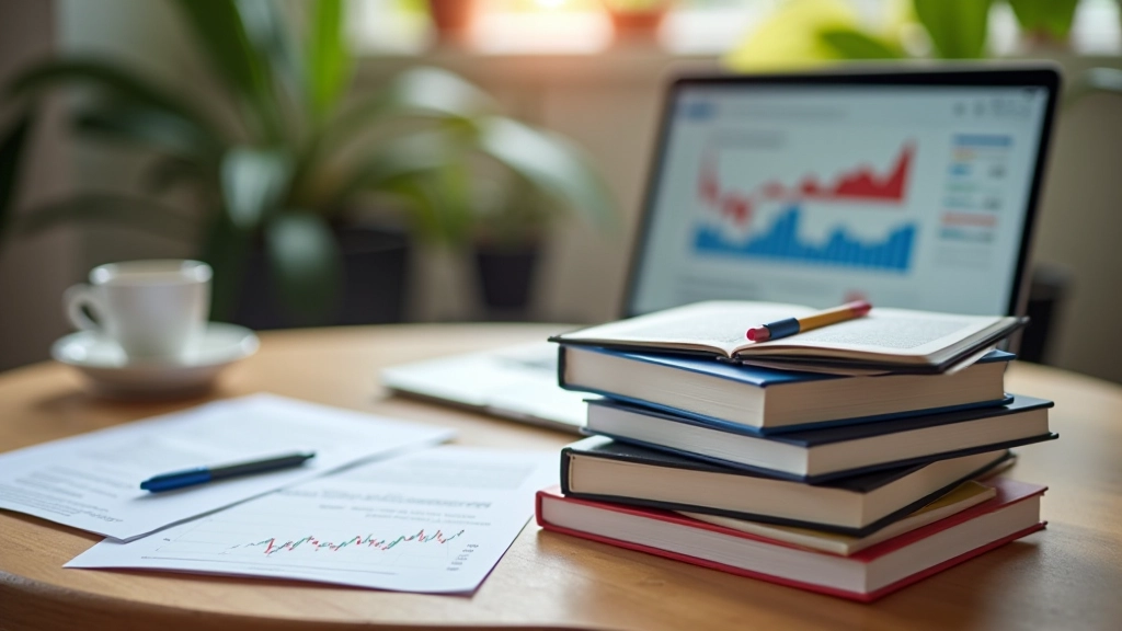 Stack of trading education books and learning materials on wooden desk