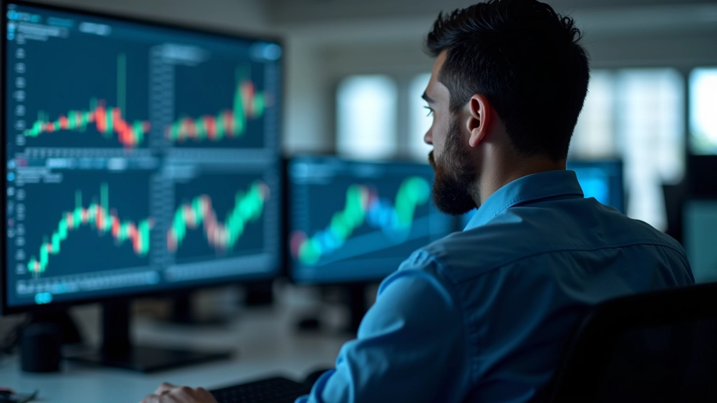 Professional trader analyzing market data on multiple screens in modern trading room