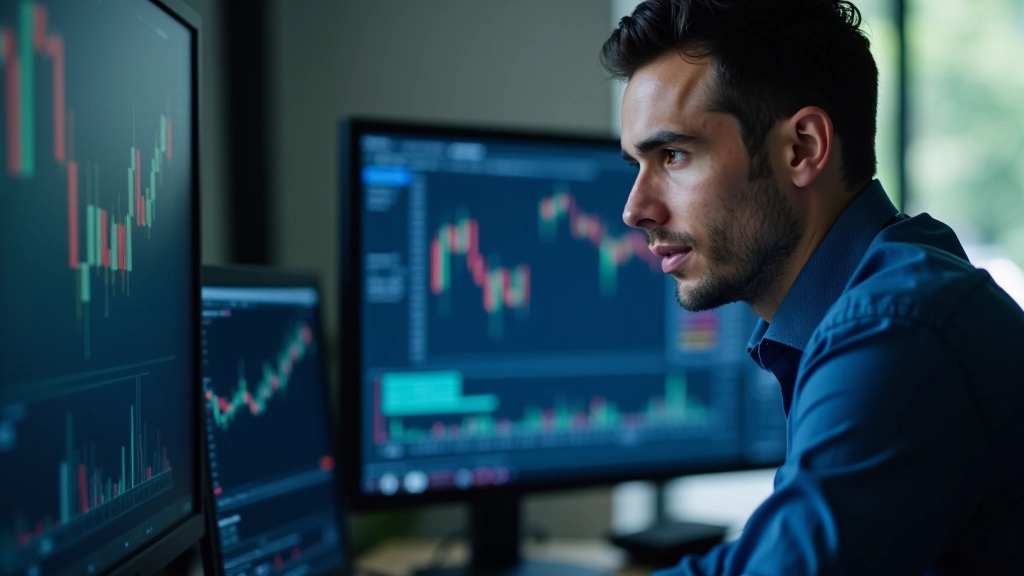 Professional reviewing financial charts and market data on computer screens